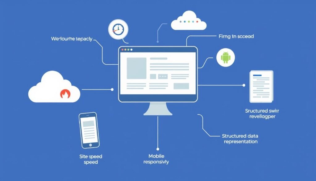 Image of a website's technical infrastructure, highlighting elements like site speed, mobile responsiveness, and structured data.