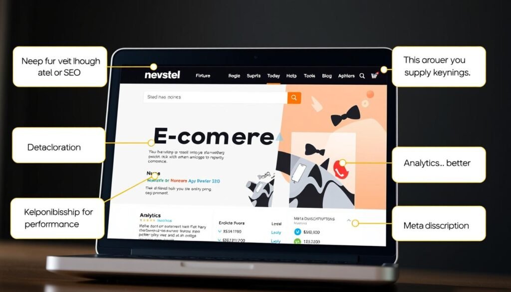 Image of an e-commerce website on a laptop screen with SEO elements highlighted
