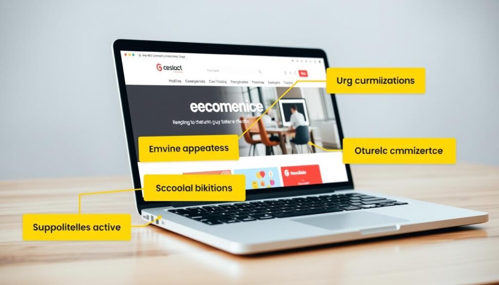 Image of an e-commerce website on a laptop screen with SEO optimization elements highlighted