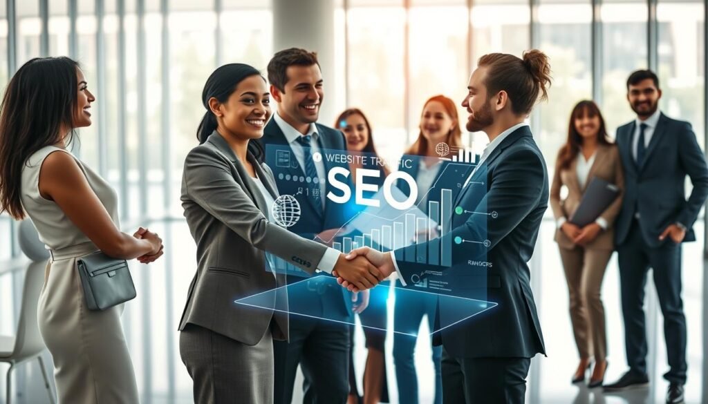 Vibrant and dynamic scene depicting successful SEO reseller partnerships. In the foreground, a group of diverse business professionals shake hands and exchange documents, their expressions radiating confidence and satisfaction. The middle ground showcases a large, holographic visualization of website traffic and search engine rankings, representing the tangible results of their collaborative efforts. In the background, a sleek, modern office environment with floor-to-ceiling windows, allowing natural light to flood the space and create a sense of growth and progress. The overall mood is one of collaboration, achievement, and the shared triumph of mutually beneficial reseller relationships.