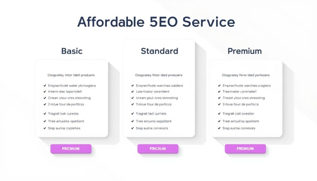 a detailed digital illustration of a pricing table for affordable SEO services, featuring a clean and modern design with soft shadows and subtle textures. The table has three pricing tiers - Basic, Standard, and Premium - each with a clear breakdown of the included services and their respective costs. The background is a muted, off-white color, allowing the pricing information to take center stage. The overall composition is balanced and visually appealing, creating a sense of professionalism and trustworthiness for the SEO services being offered.